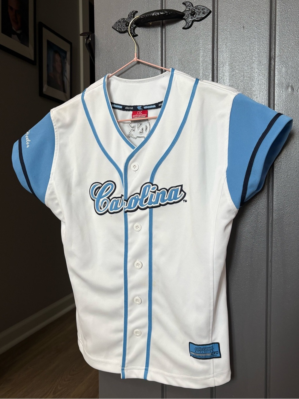 Carolina Short-Sleeve Button-Front Kids Jersey in White and Light Blue